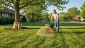 Homeowner spreading granular fertilizer across a healthy green lawn with a broadcast spreader