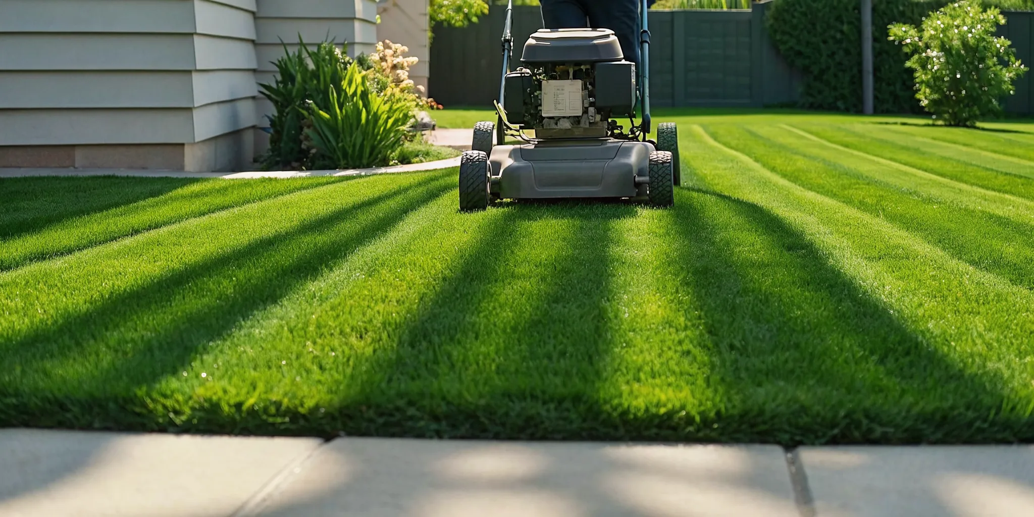 Landscaper mowing a healthy green cool-season lawn with clean mowing stripes