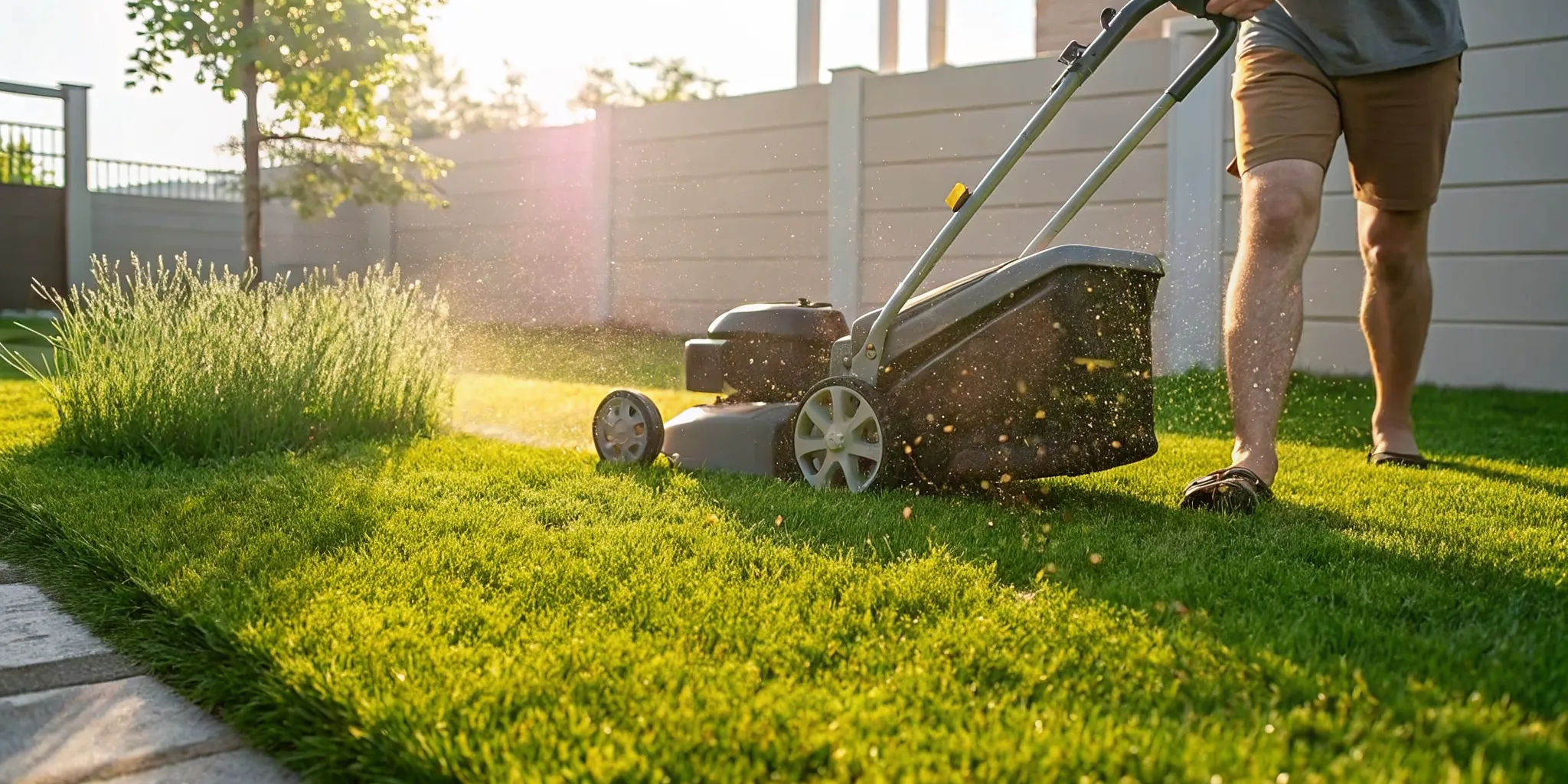 Homeowner mowing a lush green lawn with a mulching mower, fine clippings returning to the turf