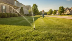 Homeowner watering a green lawn with a sprinkler during the summer heat to prevent heat stress