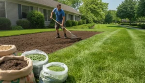 Landscaper spreading rich screened topsoil across a prepared lawn bed to seed new grass